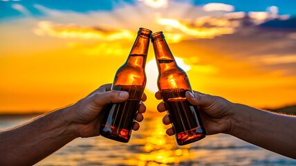 Two beer bottles clinking at sunset celebrating friendship and summer moments
``**