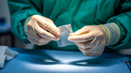 Surgeon hands preparing sterile gauze in medical operation room environment
