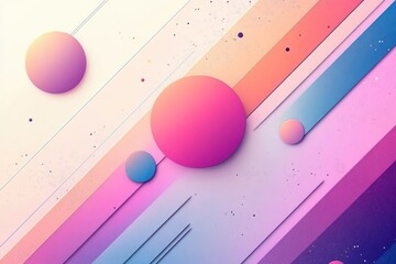 pastel gradient abstract with floating spherical shapes and diagonal colorful strips, speckled texture and soft shadows conveying playful, dynamic and serene energy