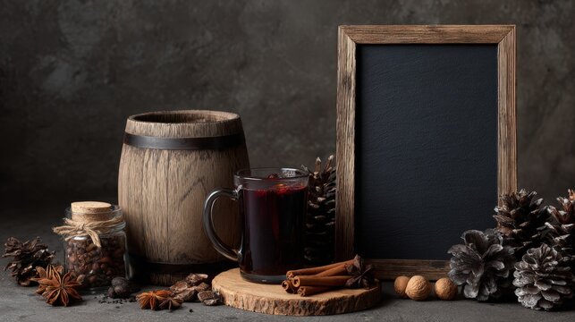 A rustic wine mock-up scene featuring a wooden barrel, a glass mug filled with dark liquid, cinnamon sticks, pine cones, and a blank chalkboard frame.