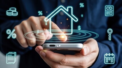 Person interacts with glowing digital icons related to property finance and management on a mobile device