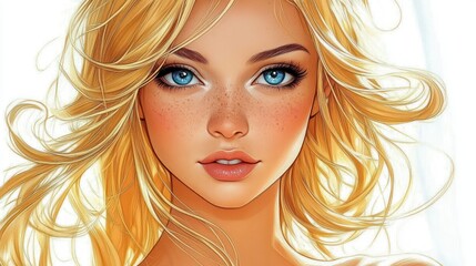 Obraz premium wind-swept golden hair framing bare shoulders and warm skin in a soft, calm, dreamy portrait