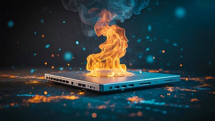 Overheating laptop with flames symbolizing hardware failure and technical risk
