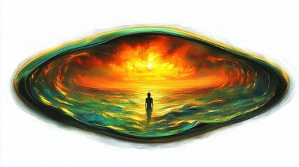 Solitary silhouette standing in a glowing ocean beneath a fiery sun inside an eye-shaped swirling frame, evoking awe, solitude, and introspective wonder