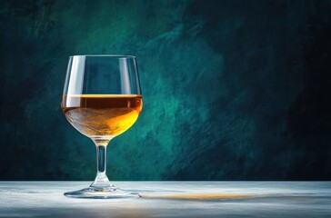 Single snifter glass of amber liquor on a cool tabletop against a moody teal textured backdrop, warm golden reflection and quiet elegant atmosphere