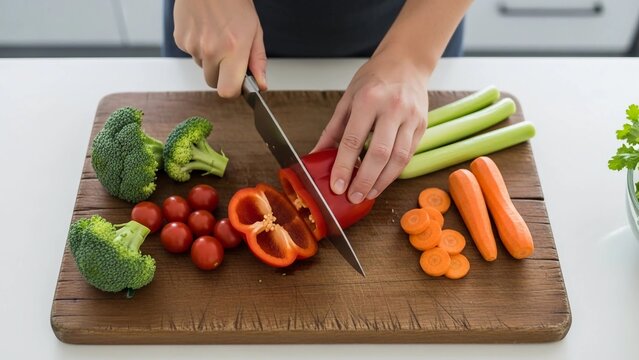 Healthy cooking concept with a person slicing a vibrant red bell pepper on a wooden cutting board, surrounded by fresh organic vegetables for a nutritious meal