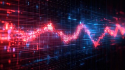 glowing red pixelated waveform across a blue digital grid, energetic futuristic data signal with neon motion and pulsating intensity