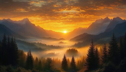 golden sunrise over a mist-filled mountain valley with pine silhouettes and glowing clouds, a tranquil and awe-inspiring morning scene