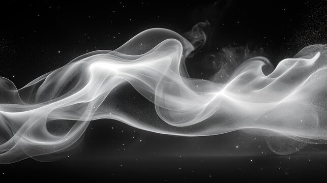 flowing translucent white smoke ribbon across a dark starry background, ethereal and dreamy - Powered by Adobe