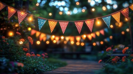 warm twilight garden with colorful polka dot bunting and glowing string lights over a wooden path, vibrant flowers and a cozy festive atmosphere