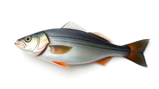 seabass. Fresh sea bass presented on a clean white background, highlighting its quality. menu design, packaging mockups, designed for culinary blogs and recipe cards for restaurants.
