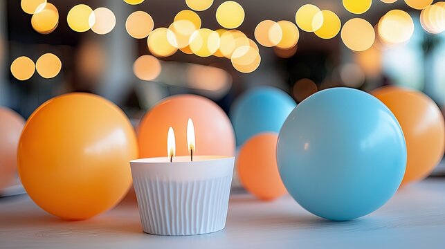 A close-up shot of a lit candle with two flames, surrounded by orange and blue balloons. The background features soft, blurred bokeh lights, suggesting a festiv