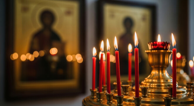 Church Candles Lit Religious Ceremony Faith Glow Orthodox Celebration Spirituality Prayer Worship Sacrament Still Life - Powered by Adobe