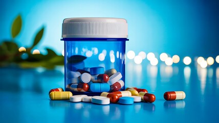 Medicine bottle with assorted capsules on blue background for health care concept
