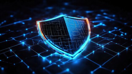 Glowing futuristic digital shield with circuitry hovering above a neon blue network grid with orange edge accents, evoking protection, security and high-tech defense