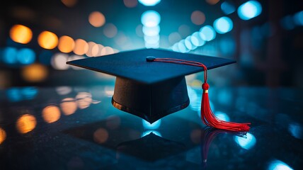 Graduation cap with tassel on reflective surface symbolizing academic success
