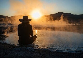 silhouette of a person in a wide brim hat sitting cross-legged beside a steaming hot spring at sunrise with misty mountains and calm reflective water conveying peaceful solitude