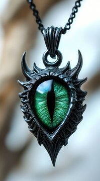 close-up of a dark ornate metal pendant with a vivid green slit catlike eye hanging from a chain, mystical and eerie mood