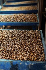 Obraz premium multiple blue trays filled with roasted coffee beans in a rustic processing room evoking warm rich aromatic cozy atmosphere