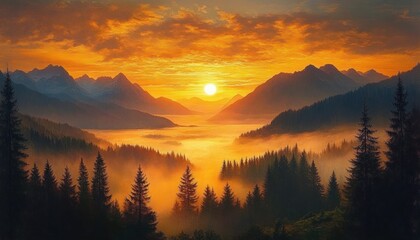 Golden sunrise over a misty mountain valley with pine forests, layered peaks and a glowing orange sky evoking serene awe and peaceful morning atmosphere