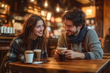 two people sharing warm drinks and a quiet conversation at a cozy wood‑furnished coffee shop with soft warm lights and a relaxed intimate mood
