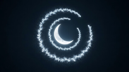 Magical crescent moon glowing with sparkling stardust swirls on a dark night sky background