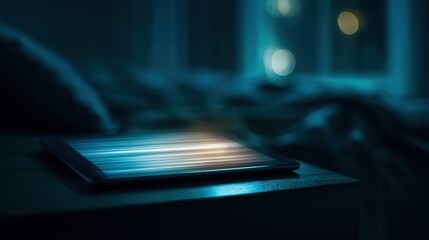 Close up of digital tablet glowing in dark bedroom showing scrolling motion on illuminated screen for late night media consumption and insomnia awareness mental health lifestyle concept.