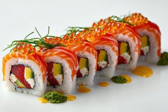 row of salmon-topped sushi rolls filled with tuna, avocado and cream cheese, garnished with salmon roe and dill, drizzled with orange and green sauces on white plate, fresh and elegant - Powered by Adobe