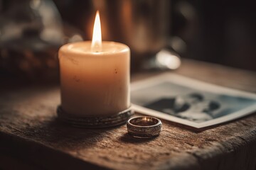 Burning candle beside old wedding ring and vintage photograph on wooden table with warm candlelight symbolizing enduring love that continues after death for remembrance and devotion memorial concept.