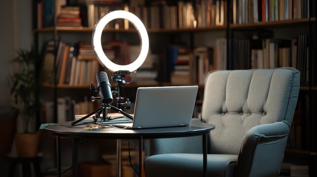 Clean teletherapy professional setup featuring laptop with ring light and bookshelf background for online counseling virtual healthcare. Online mental health counseling and virtual therapy sessions.