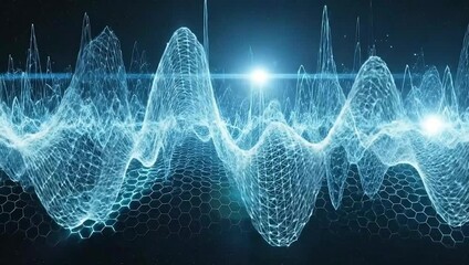 Abstract digital waveform data visualization with grid network and lens flares - Powered by Adobe