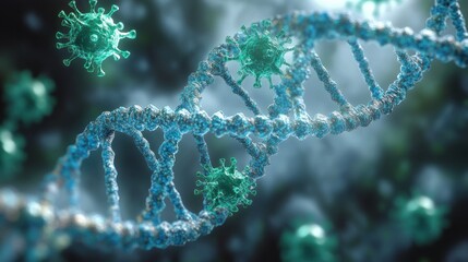 blue dna double helix entwined with floating green spiky virus particles in a tense ominous microscopic scene