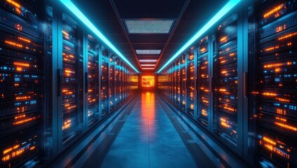 Symmetrical data center aisle lined with glowing server racks under blue and orange neon lights on a reflective floor, sleek futuristic and high-tech atmosphere