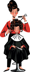 Retro Hairstylist Cuts Curly Hair In Salon Vintage Illustration