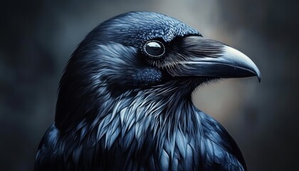 Close-up profile of a glossy black raven with detailed feathers and reflective eye, evoking a mysterious and majestic mood
