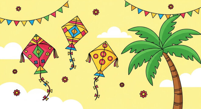 Colorful Kites and Palm Tree with Garland Against Yellow Sky and Clouds Celebrate Joyful Festive Celebration Background