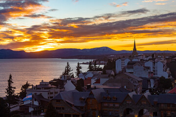 sunset over the old town San Carlos de Bariloche, Civic Center, Patagonia Argentina glacial lake...
