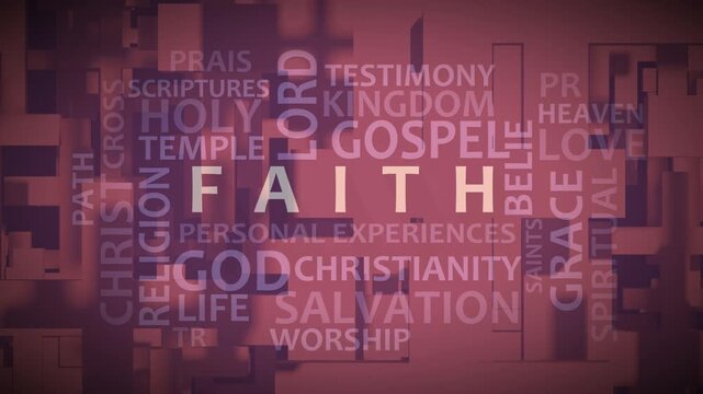 Faith theme typography animation, consisting of important words and concepts. Animated background with Christian crosses. 3D render