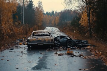Two wrecked cars abandoned on a wet autumn forest road with scattered leaves and debris, creating an eerie, melancholic, lonely atmosphere