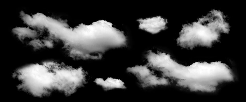 Set of fluffy white clouds isolated on black background, representing natural sky elements and soft mist texture, digital art and atmospheric design.