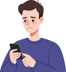 Sad Man With Tired Eyes Holding Smartphone Blue Sweater White Background