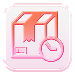 Glossy 3D Fast Delivery icon with glassmorphism effect - Y2K inspired jelly shipping box and clock symbol in pink gradient