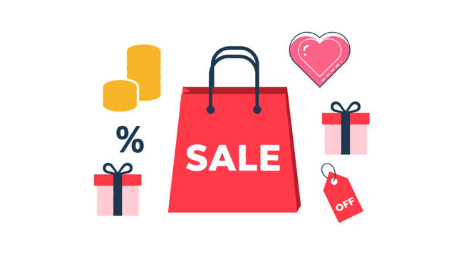 Vector Icons Set of Red Sale Shopping Bag Surrounded by Gifts Coins and Discount Symbols. EPS Editable