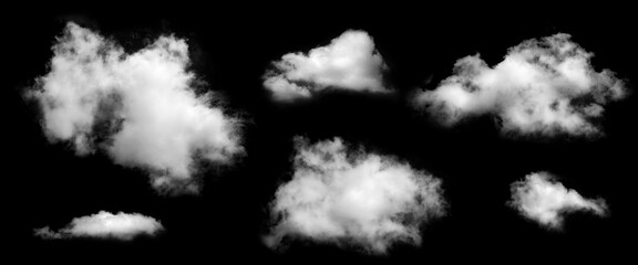 Set of fluffy white clouds isolated on black background, representing natural sky elements and soft mist texture, digital art and atmospheric design.