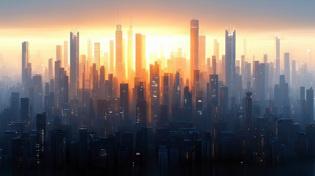 A panoramic view of a dense cityscape filled with numerous skyscrapers, bathed in the warm, golden light of a sunrise.