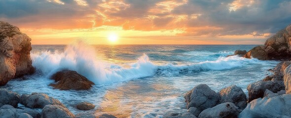 Sunset over rocky coastline with waves crashing against large rocks and dramatic sky with clouds