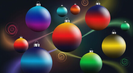 Festive christmas ornaments in vibrant colors float against a dark background with glowing swirls and lines creating a magical holiday atmosphere
