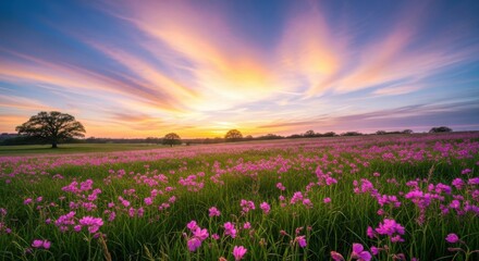 Fototapeta premium Vibrant sunset sky with dramatic light rays illuminating a vast field of blooming pink wildflowers and scattered trees under a colorful twilight