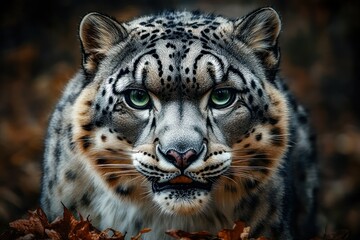 Close-up of a snow leopard with piercing green eyes surrounded by autumn leaves, showing its distinct spotted fur and intense gaze in a natural setting