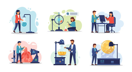 Vector Icons Set of Diverse Scientific Experiments and Educational Activities Illustrated. EPS Editable